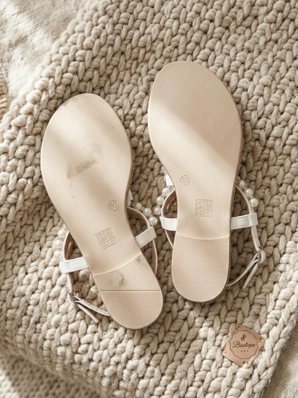 Pearl-Trim White T-Strap Sandals - Picture 2 of 2